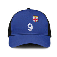 Custom Fijian Football Mesh Trucker Cap Tapa Pattern and Shark Tribal LT03 One Size Black Blue - Polynesian Pride