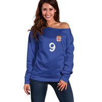 Custom Fijian Football Off Shoulder Sweater Tapa Pattern and Shark Tribal LT03 Women Blue - Polynesian Pride