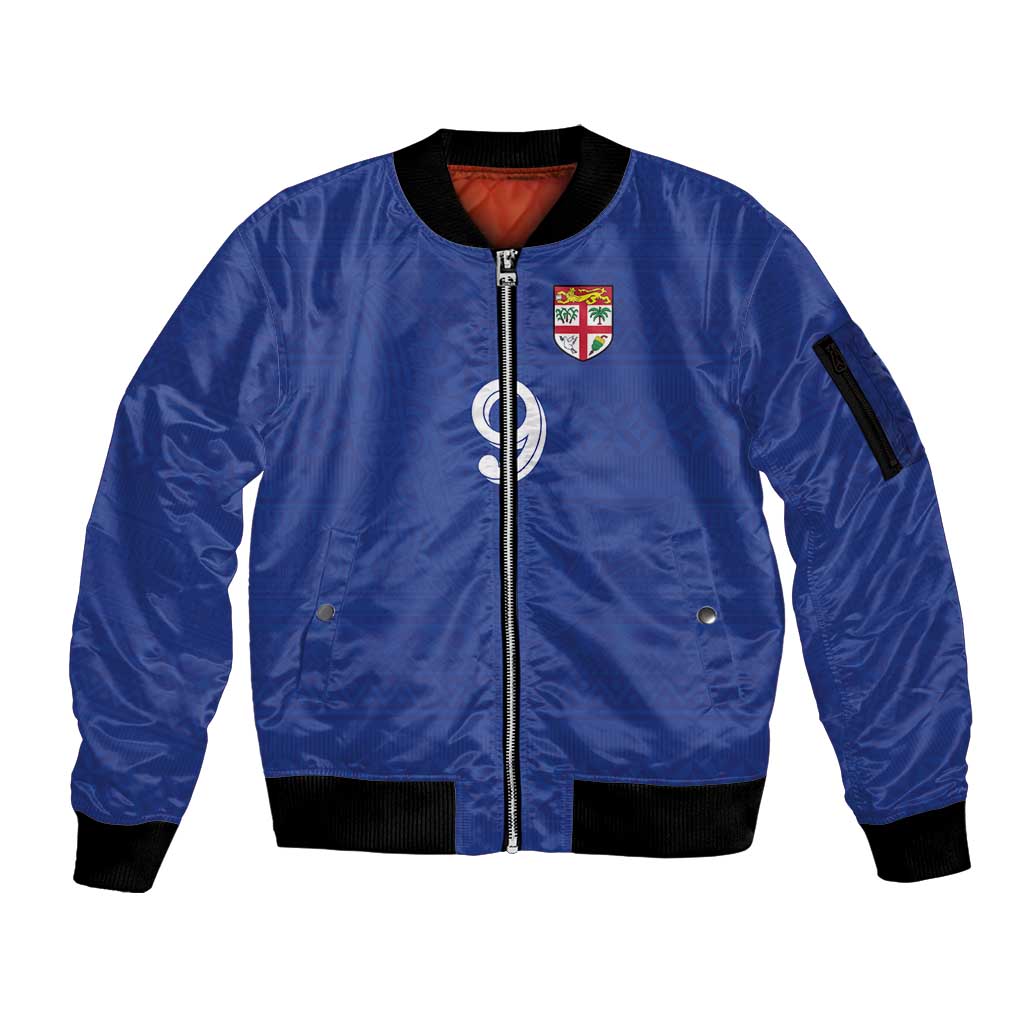 Custom Fijian Football Sleeve Zip Bomber Jacket Tapa Pattern and Shark Tribal LT03 Unisex Blue - Polynesian Pride