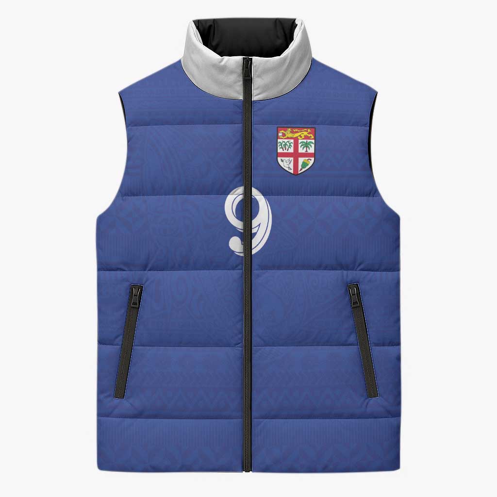 Custom Fijian Football Sleeveless Puffer Jacket Tapa Pattern and Shark Tribal LT03 Unisex Blue - Polynesian Pride