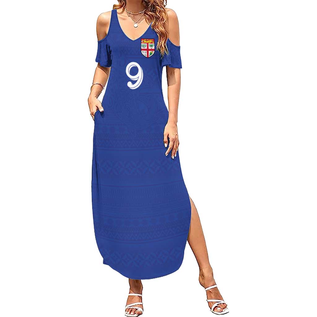 Custom Fijian Football Summer Maxi Dress Tapa Pattern and Shark Tribal LT03 Women Blue - Polynesian Pride