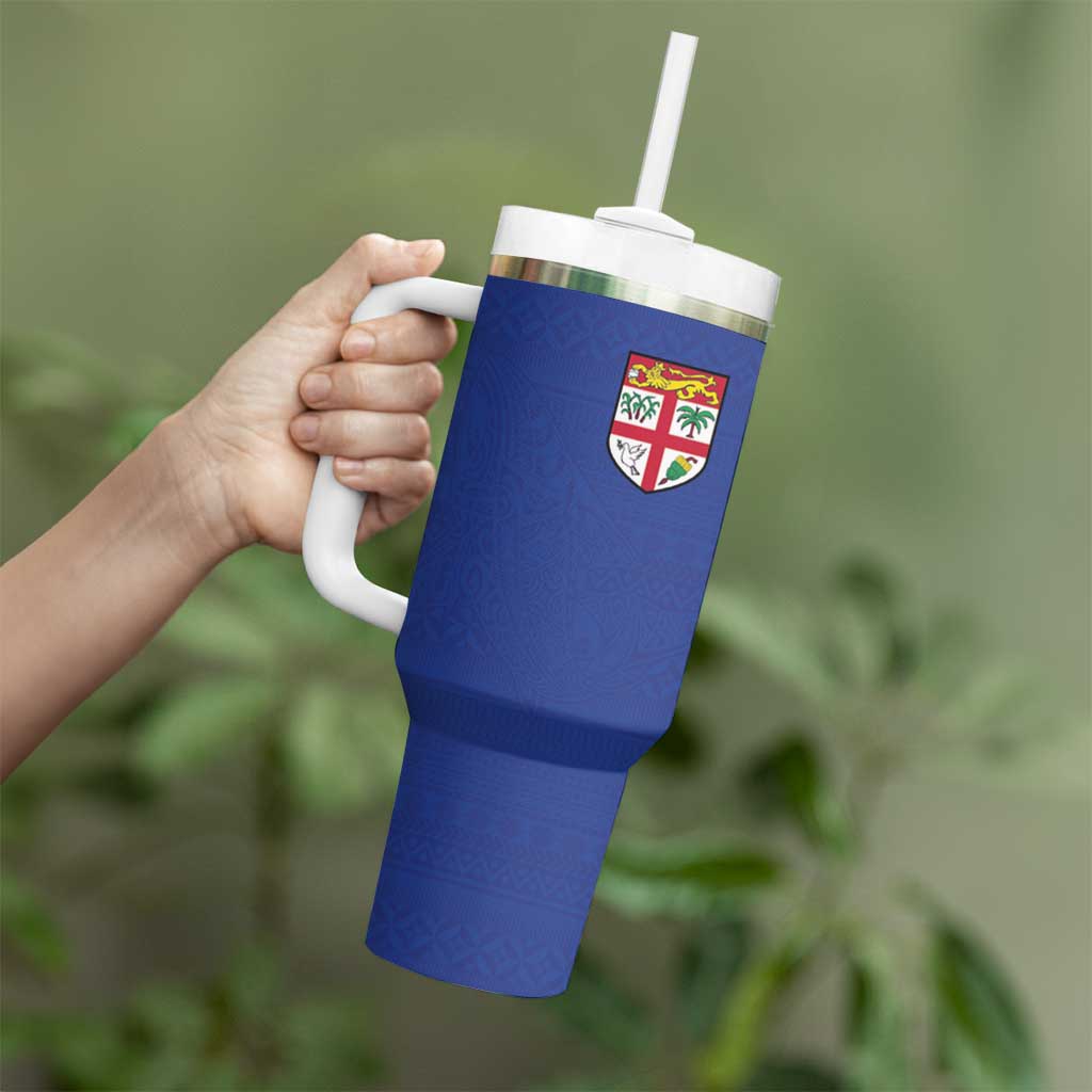 Custom Fijian Football Tumbler With Handle Tapa Pattern and Shark Tribal LT03 - Polynesian Pride