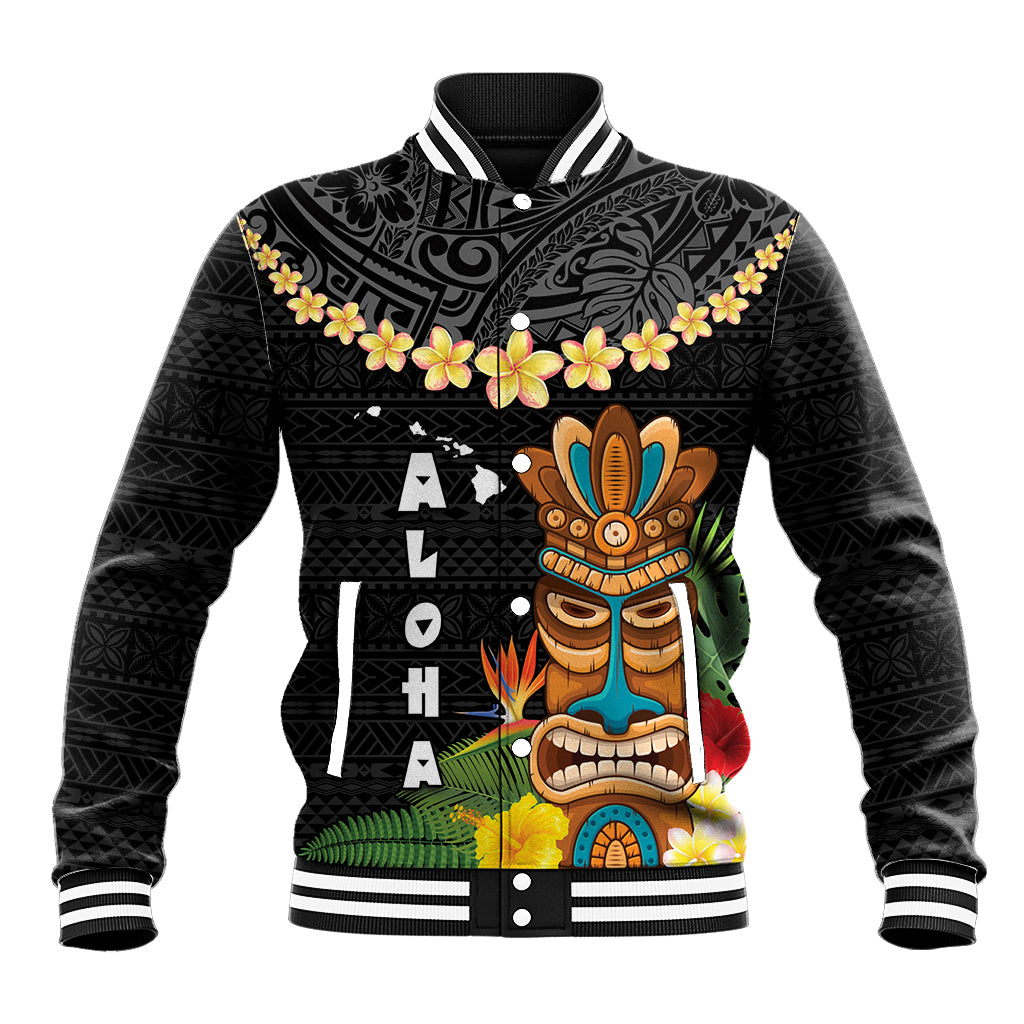 Hawaii Plumeria Lei Baseball Jacket Tiki and Kakau Pattern Black Color LT03 Unisex Black - Polynesian Pride