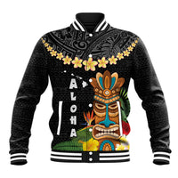 Hawaii Plumeria Lei Baseball Jacket Tiki and Kakau Pattern Black Color LT03 Unisex Black - Polynesian Pride