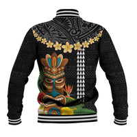 Hawaii Plumeria Lei Baseball Jacket Tiki and Kakau Pattern Black Color LT03 - Polynesian Pride