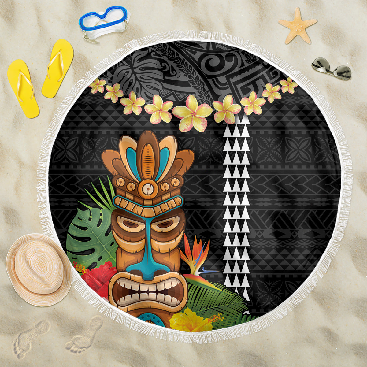 Hawaii Plumeria Lei Beach Blanket Tiki and Kakau Pattern Black Color LT03 One Size 150cm Black - Polynesian Pride