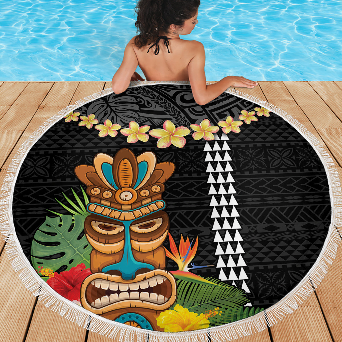 Hawaii Plumeria Lei Beach Blanket Tiki and Kakau Pattern Black Color LT03 - Polynesian Pride