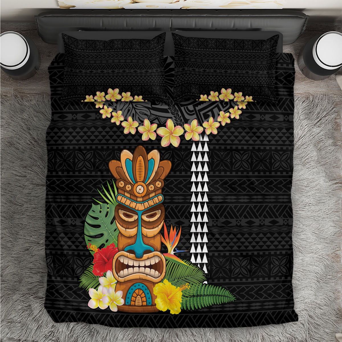 Hawaii Plumeria Lei Bedding Set Tiki and Kakau Pattern Black Color LT03 Black - Polynesian Pride