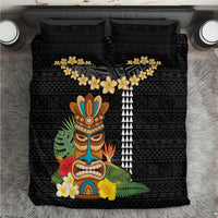 Hawaii Plumeria Lei Bedding Set Tiki and Kakau Pattern Black Color LT03 Black - Polynesian Pride