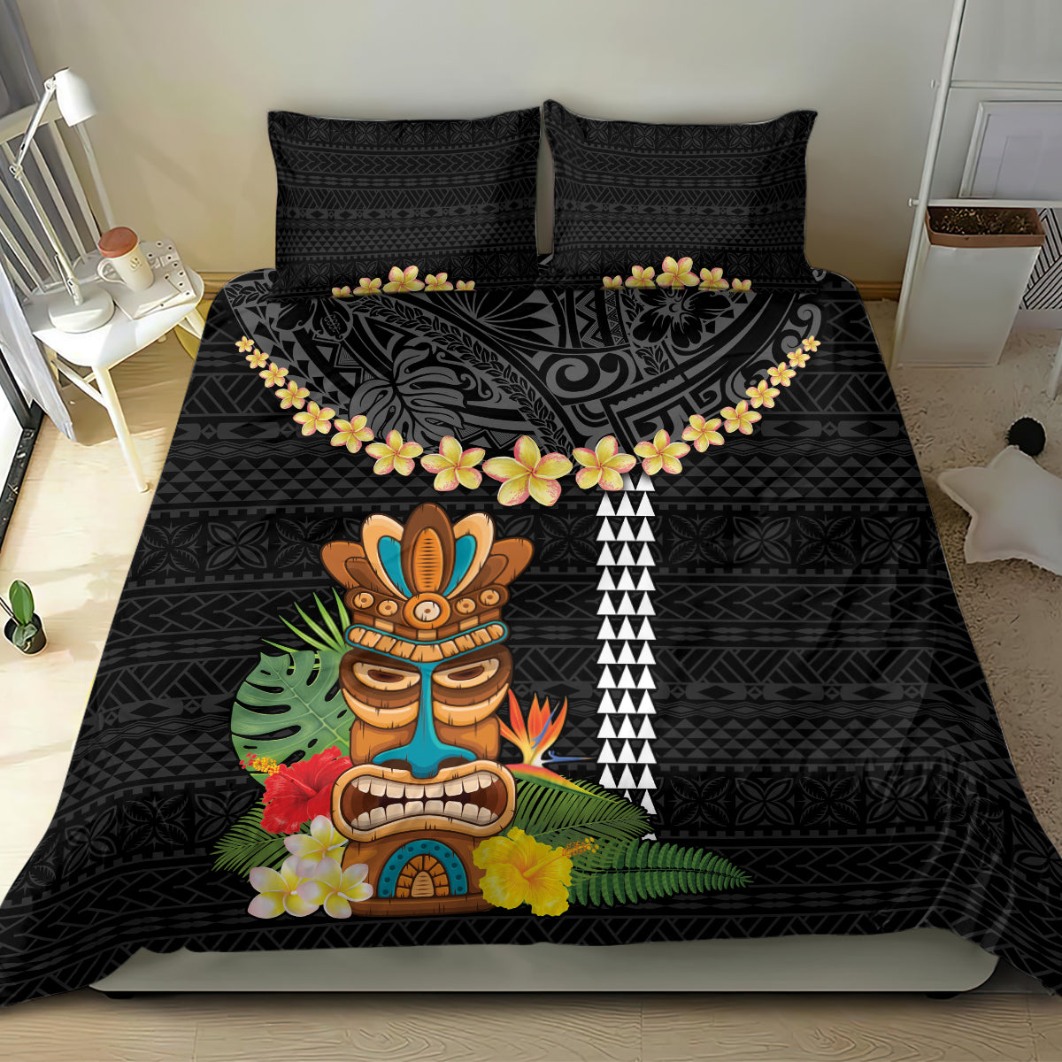Hawaii Plumeria Lei Bedding Set Tiki and Kakau Pattern Black Color LT03 - Polynesian Pride