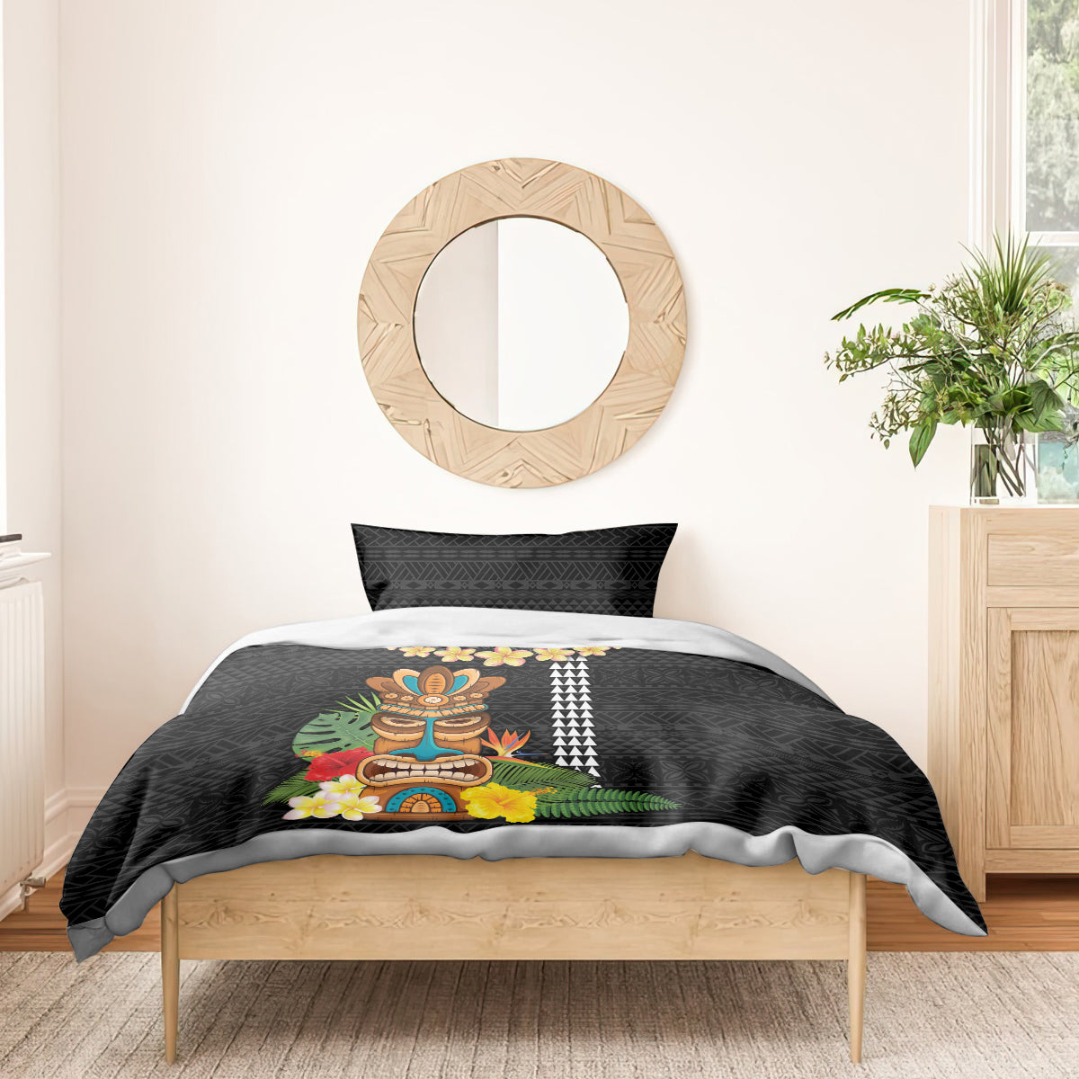 Hawaii Plumeria Lei Bedding Set Tiki and Kakau Pattern Black Color LT03 - Polynesian Pride
