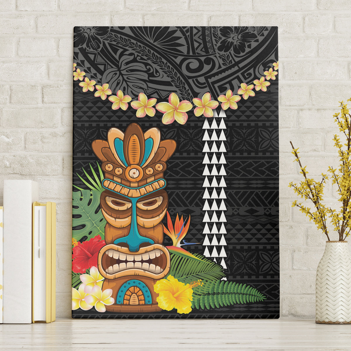 Hawaii Plumeria Lei Canvas Wall Art Tiki and Kakau Pattern Black Color LT03 Without Frame Black - Polynesian Pride