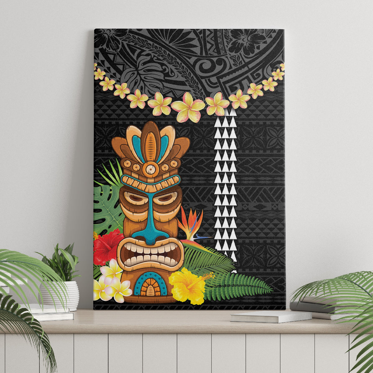 Hawaii Plumeria Lei Canvas Wall Art Tiki and Kakau Pattern Black Color LT03 - Polynesian Pride