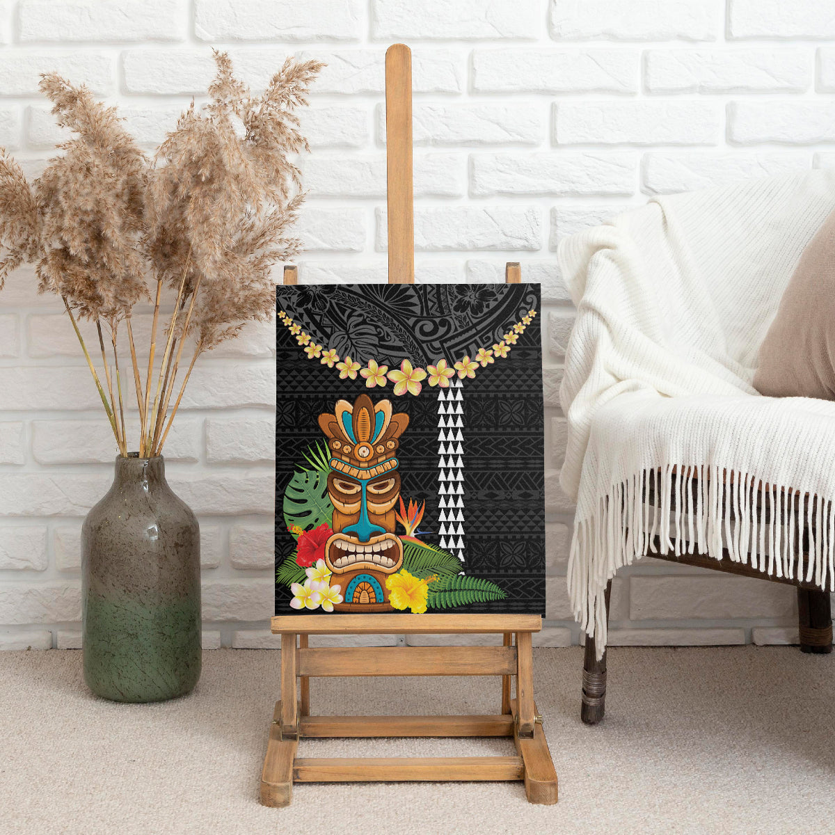 Hawaii Plumeria Lei Canvas Wall Art Tiki and Kakau Pattern Black Color LT03 - Polynesian Pride