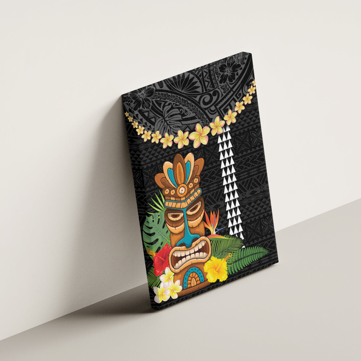 Hawaii Plumeria Lei Canvas Wall Art Tiki and Kakau Pattern Black Color LT03 - Polynesian Pride