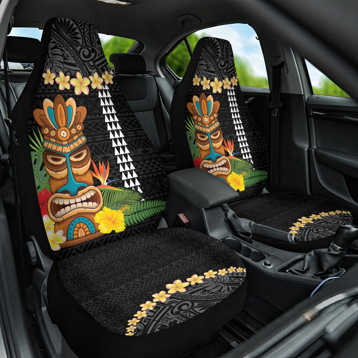 Hawaii Plumeria Lei Car Seat Cover Tiki and Kakau Pattern Black Color