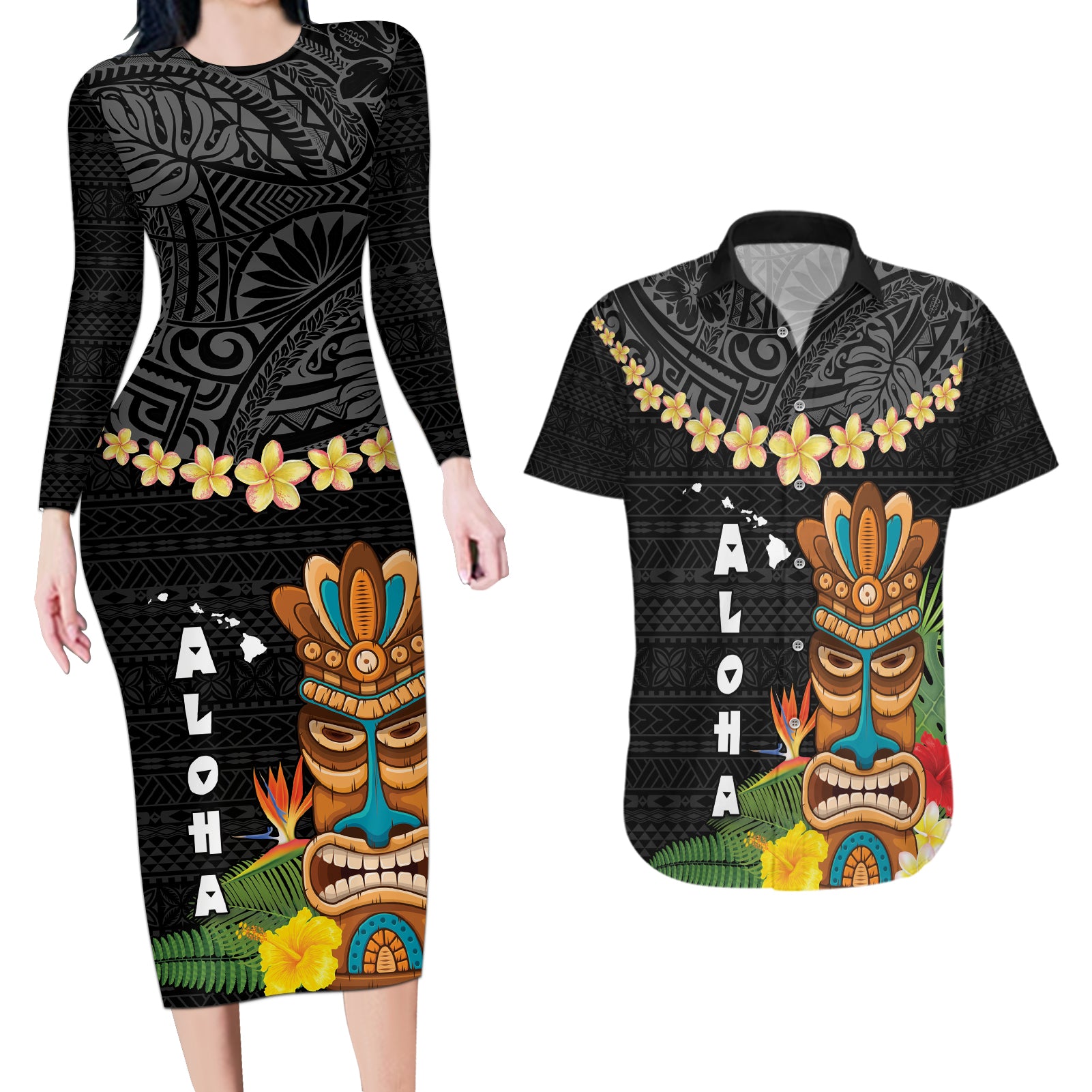 Hawaii Plumeria Lei Couples Matching Long Sleeve Bodycon Dress and Hawaiian Shirt Tiki and Kakau Pattern Black Color