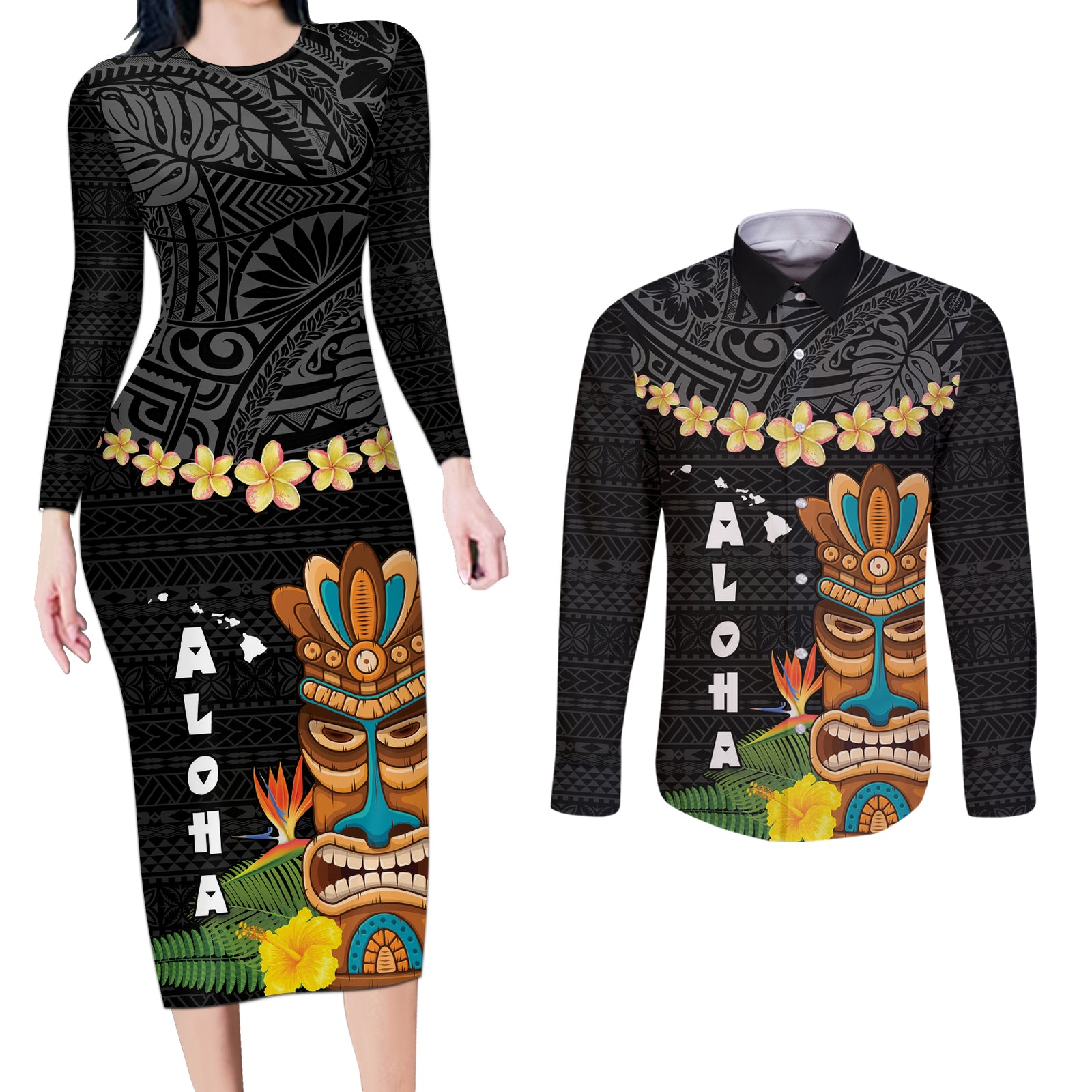 Hawaii Plumeria Lei Couples Matching Long Sleeve Bodycon Dress and Long Sleeve Button Shirt Tiki and Kakau Pattern Black Color LT03 Black - Polynesian Pride