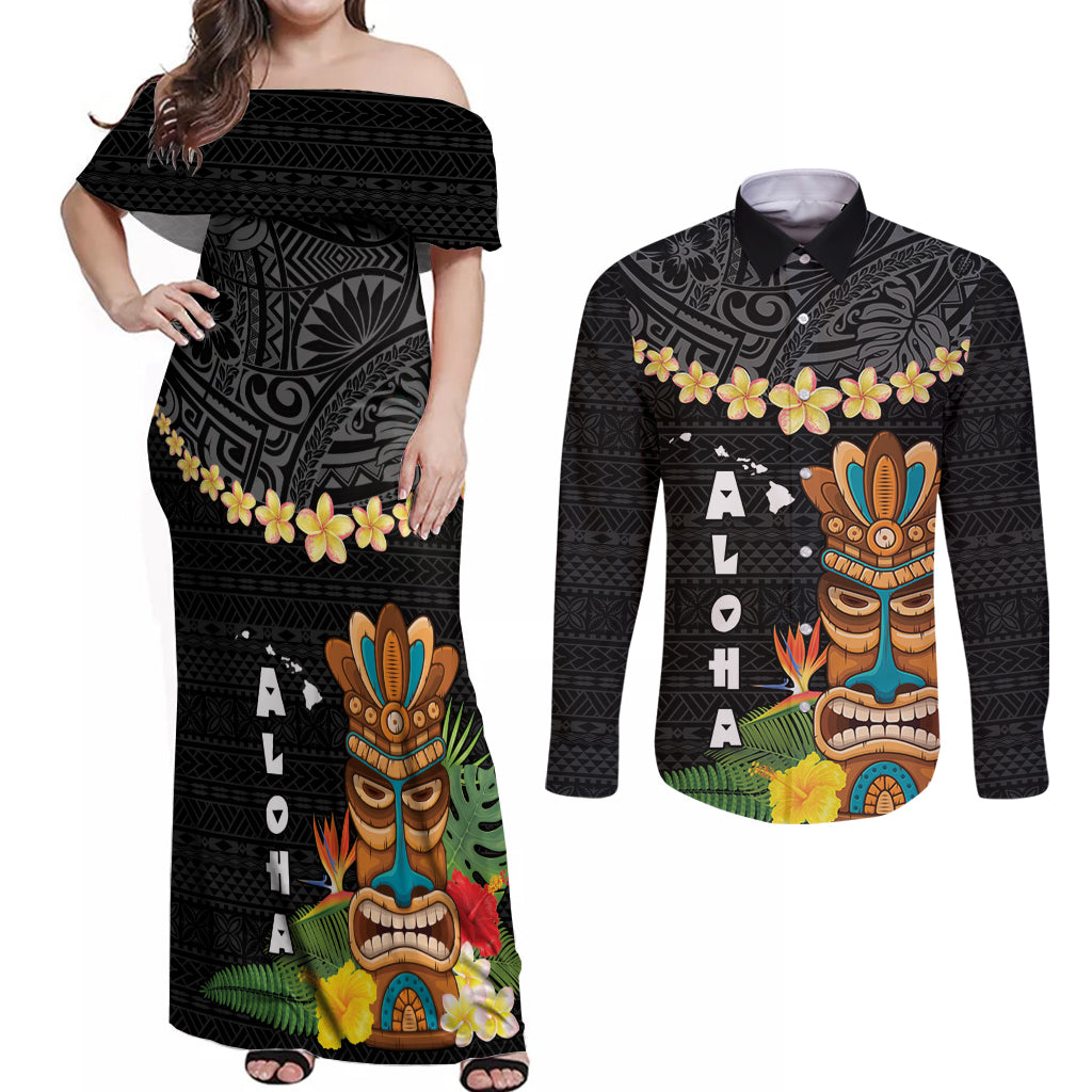 Hawaii Plumeria Lei Couples Matching Off Shoulder Maxi Dress and Long Sleeve Button Shirt Tiki and Kakau Pattern Black Color LT03 Black - Polynesian Pride