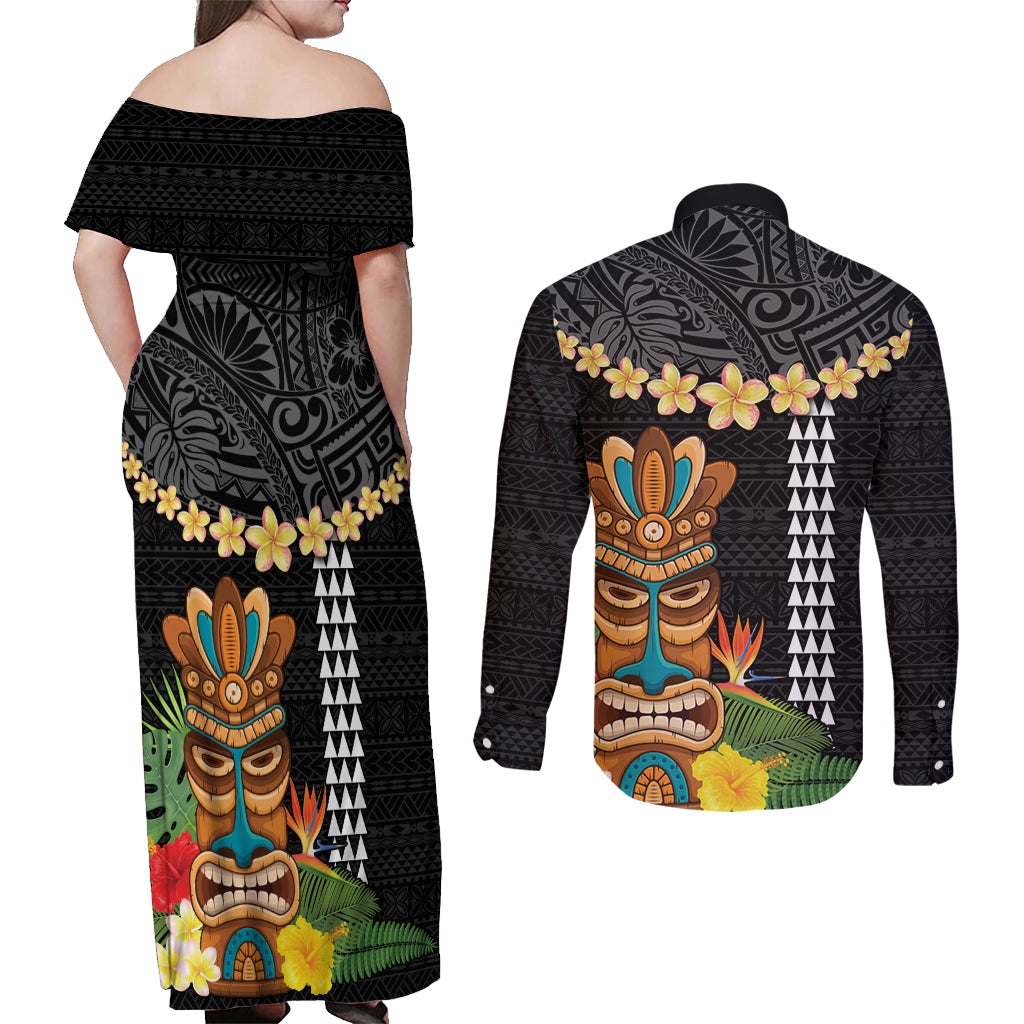 Hawaii Plumeria Lei Couples Matching Off Shoulder Maxi Dress and Long Sleeve Button Shirt Tiki and Kakau Pattern Black Color LT03 - Polynesian Pride