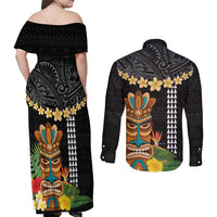 Hawaii Plumeria Lei Couples Matching Off Shoulder Maxi Dress and Long Sleeve Button Shirt Tiki and Kakau Pattern Black Color LT03 - Polynesian Pride