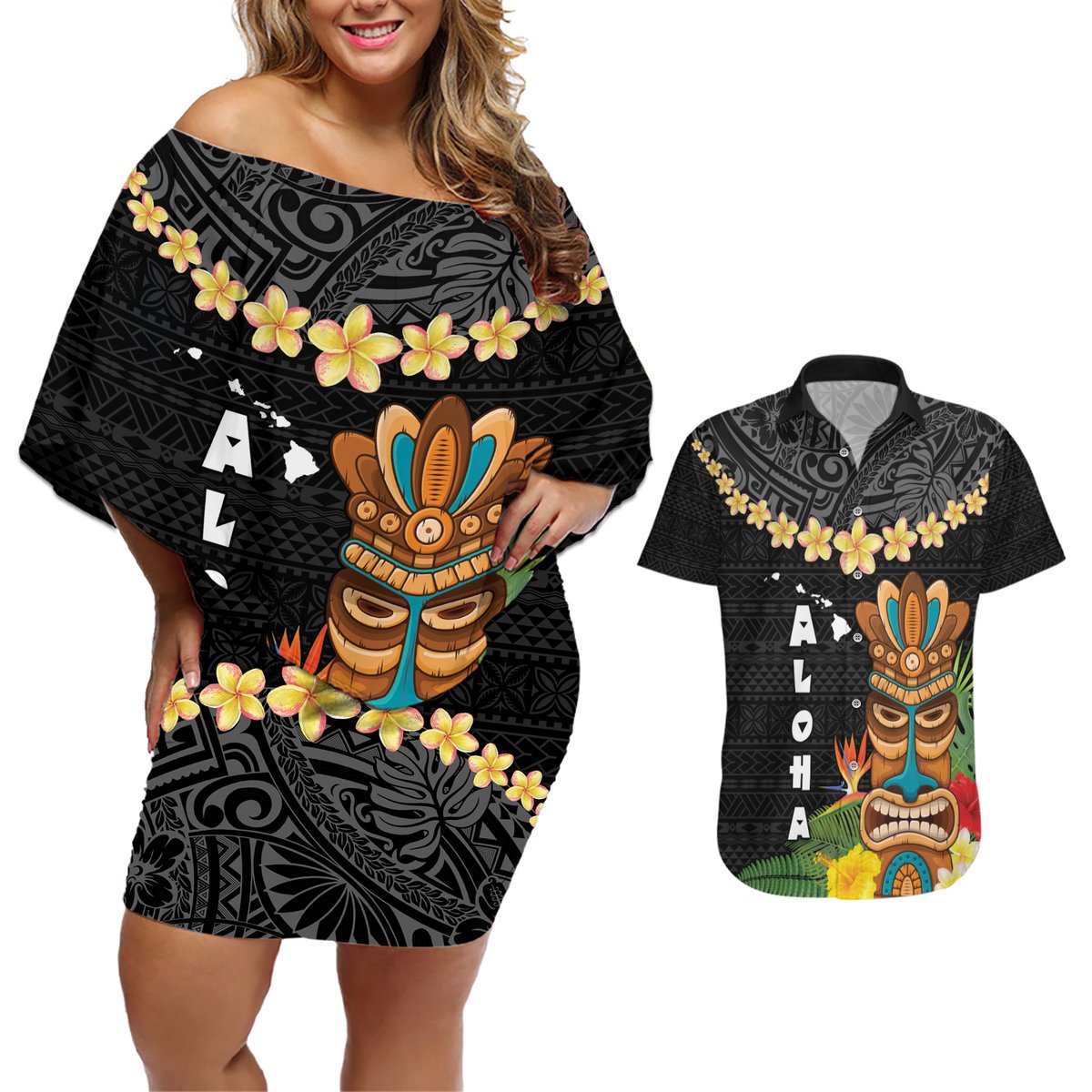 Hawaii Plumeria Lei Couples Matching Off Shoulder Short Dress and Hawaiian Shirt Tiki and Kakau Pattern Black Color LT03 Black - Polynesian Pride