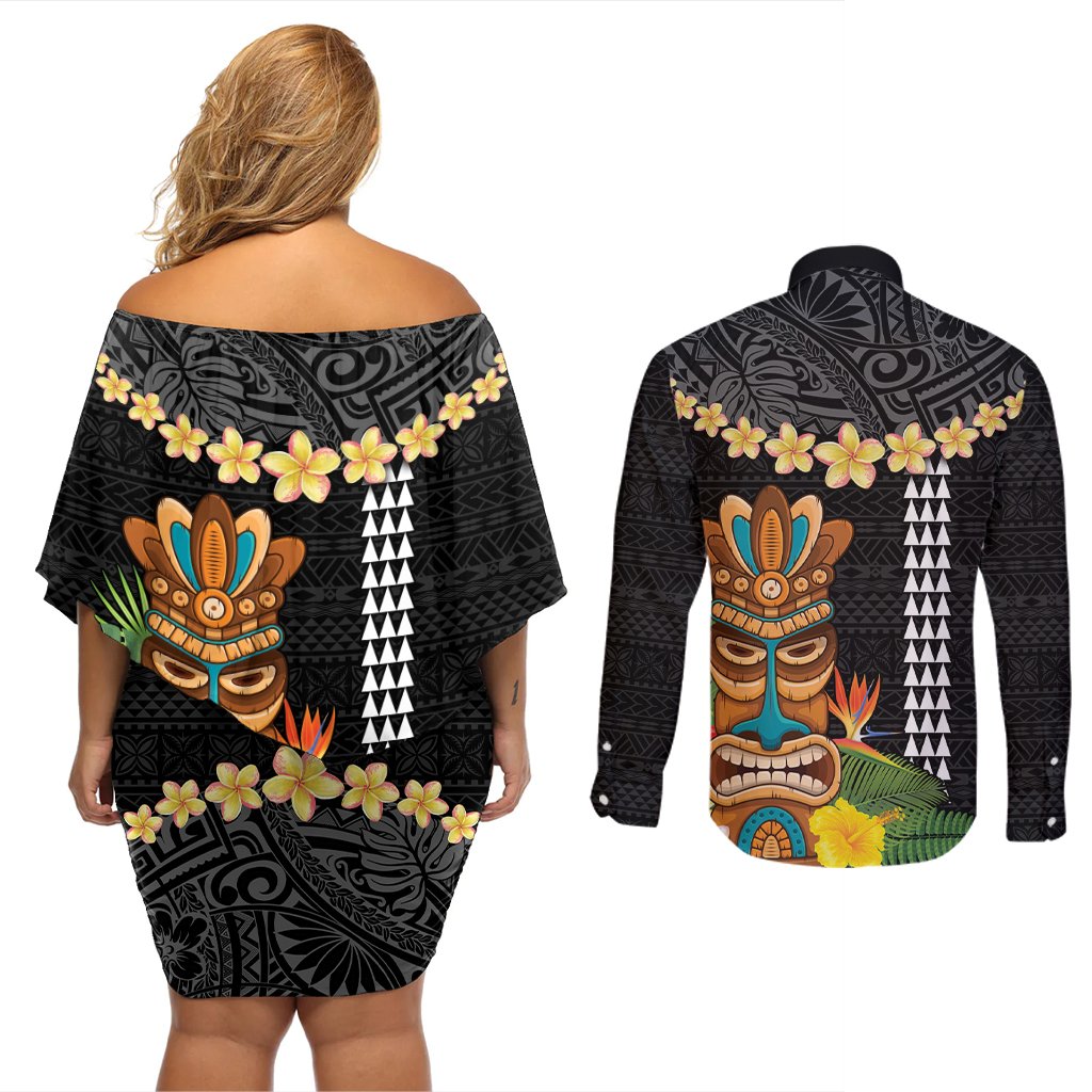 Hawaii Plumeria Lei Couples Matching Off Shoulder Short Dress and Long Sleeve Button Shirt Tiki and Kakau Pattern Black Color LT03 - Polynesian Pride