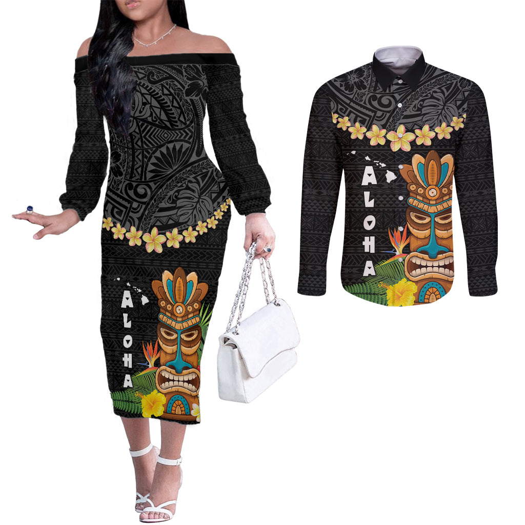 Hawaii Plumeria Lei Couples Matching Off The Shoulder Long Sleeve Dress and Long Sleeve Button Shirt Tiki and Kakau Pattern Black Color LT03 Black - Polynesian Pride