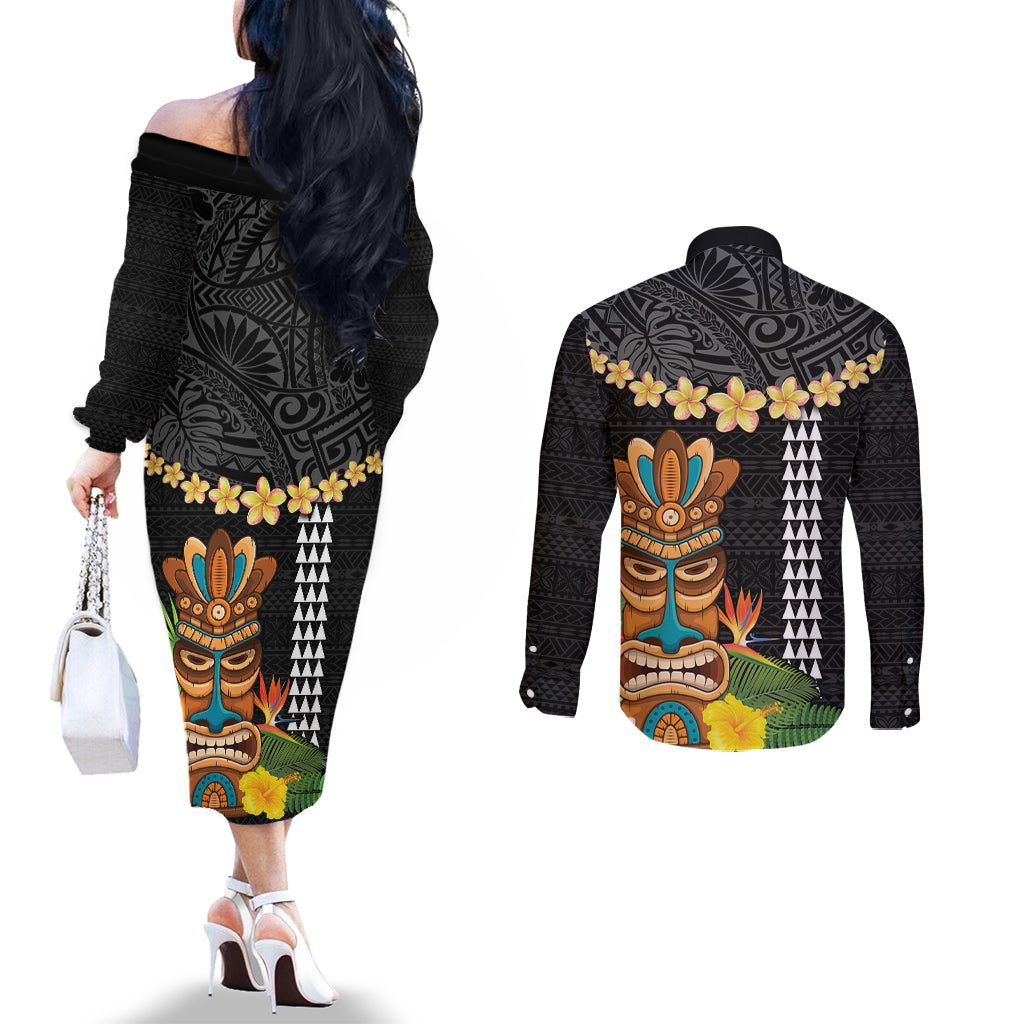 Hawaii Plumeria Lei Couples Matching Off The Shoulder Long Sleeve Dress and Long Sleeve Button Shirt Tiki and Kakau Pattern Black Color
