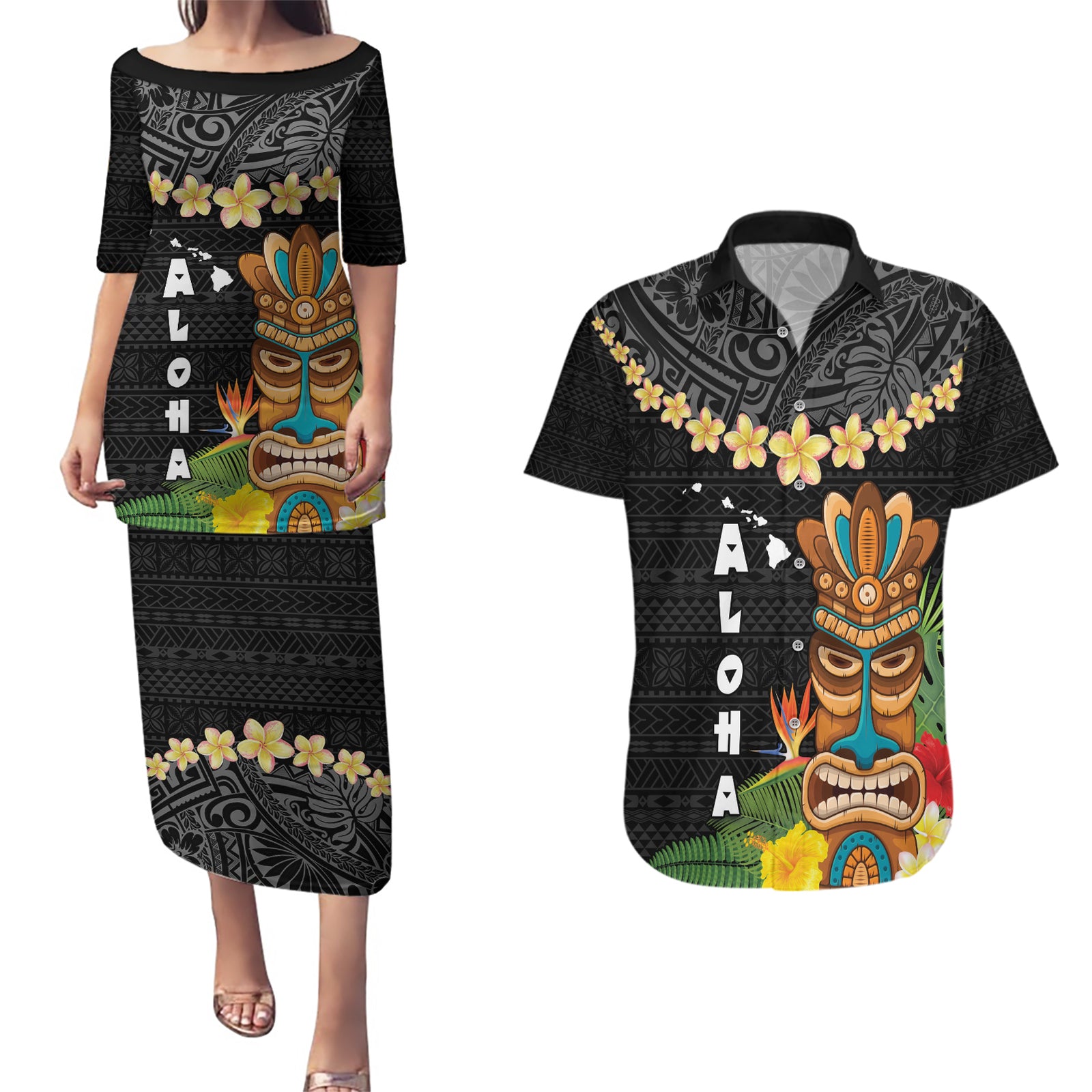 Hawaii Plumeria Lei Couples Matching Puletasi and Hawaiian Shirt Tiki and Kakau Pattern Black Color LT03 Black - Polynesian Pride