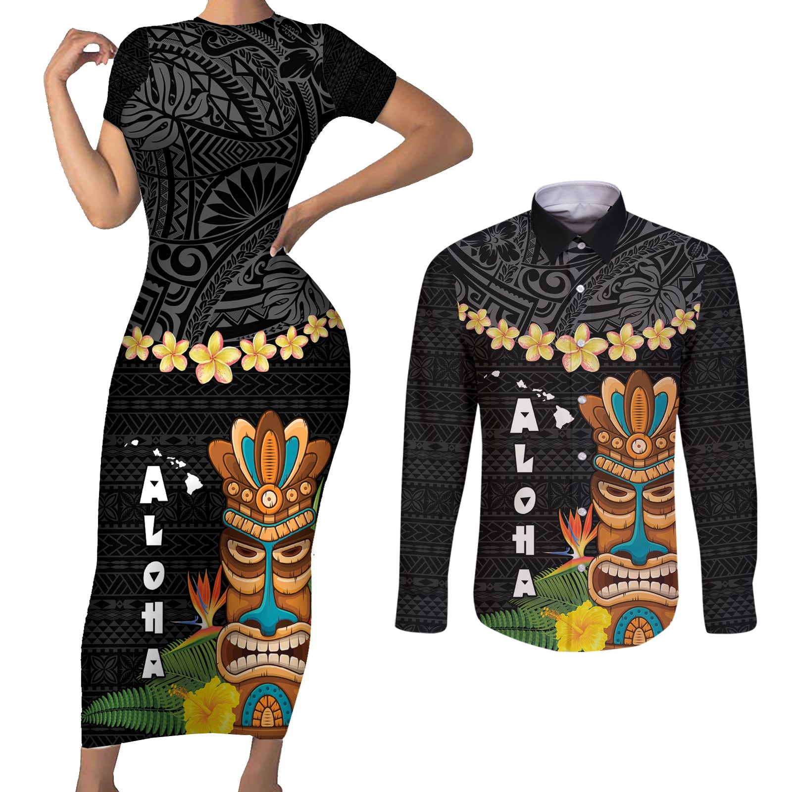 Hawaii Plumeria Lei Couples Matching Short Sleeve Bodycon Dress and Long Sleeve Button Shirt Tiki and Kakau Pattern Black Color LT03 Black - Polynesian Pride