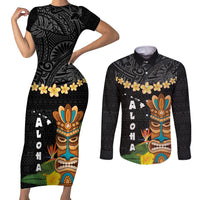 Hawaii Plumeria Lei Couples Matching Short Sleeve Bodycon Dress and Long Sleeve Button Shirt Tiki and Kakau Pattern Black Color LT03 Black - Polynesian Pride