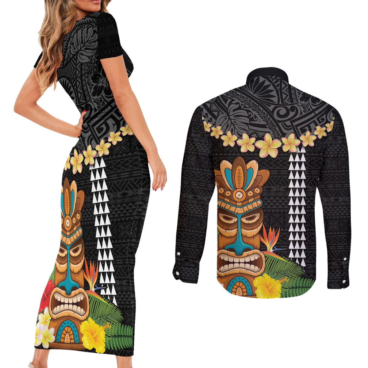 Hawaii Plumeria Lei Couples Matching Short Sleeve Bodycon Dress and Long Sleeve Button Shirt Tiki and Kakau Pattern Black Color LT03 - Polynesian Pride