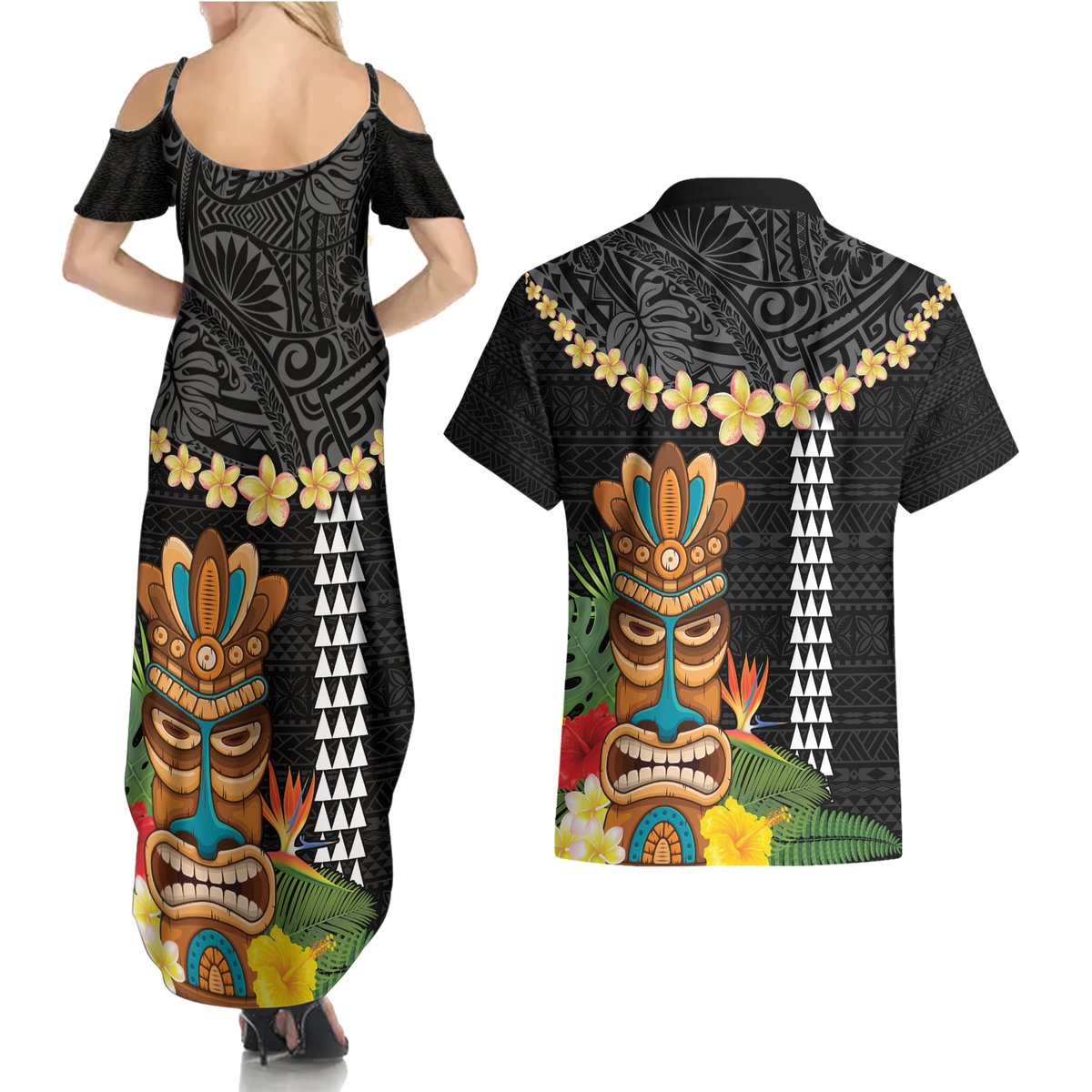 Hawaii Plumeria Lei Couples Matching Summer Maxi Dress and Hawaiian Shirt Tiki and Kakau Pattern Black Color