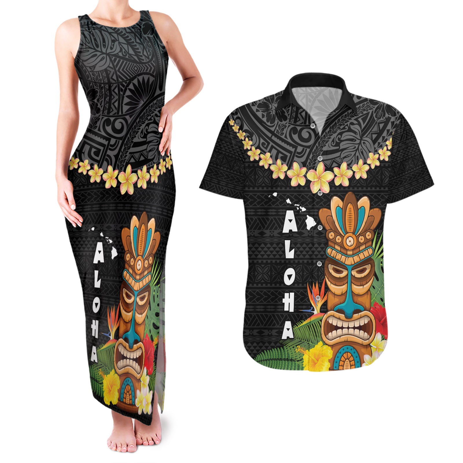 Hawaii Plumeria Lei Couples Matching Tank Maxi Dress and Hawaiian Shirt Tiki and Kakau Pattern Black Color LT03 Black - Polynesian Pride