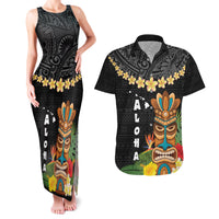 Hawaii Plumeria Lei Couples Matching Tank Maxi Dress and Hawaiian Shirt Tiki and Kakau Pattern Black Color LT03 Black - Polynesian Pride