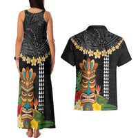 Hawaii Plumeria Lei Couples Matching Tank Maxi Dress and Hawaiian Shirt Tiki and Kakau Pattern Black Color LT03 - Polynesian Pride