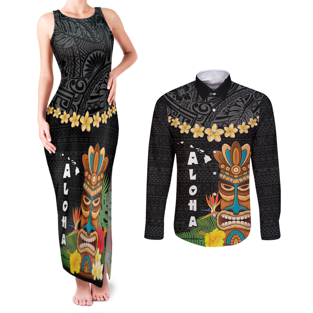 Hawaii Plumeria Lei Couples Matching Tank Maxi Dress and Long Sleeve Button Shirt Tiki and Kakau Pattern Black Color LT03 Black - Polynesian Pride