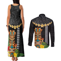 Hawaii Plumeria Lei Couples Matching Tank Maxi Dress and Long Sleeve Button Shirt Tiki and Kakau Pattern Black Color LT03 - Polynesian Pride