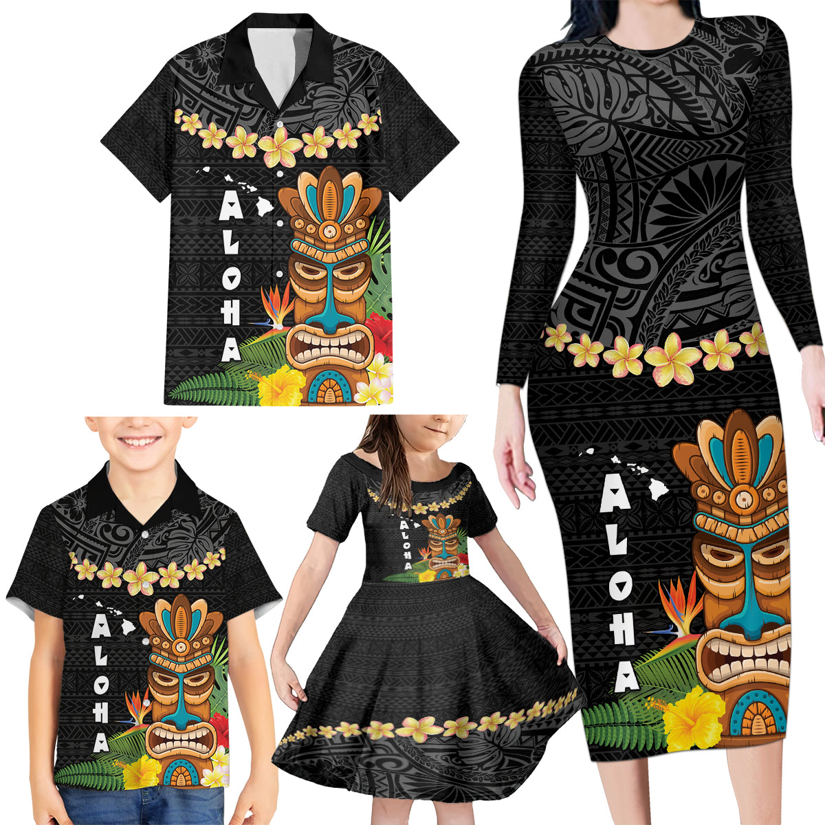 Hawaii Plumeria Lei Family Matching Long Sleeve Bodycon Dress and Hawaiian Shirt Tiki and Kakau Pattern Black Color