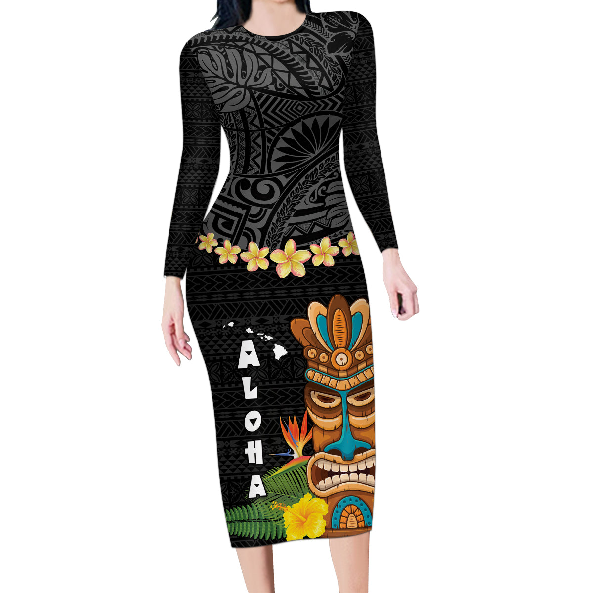 Hawaii Plumeria Lei Family Matching Long Sleeve Bodycon Dress and Hawaiian Shirt Tiki and Kakau Pattern Black Color