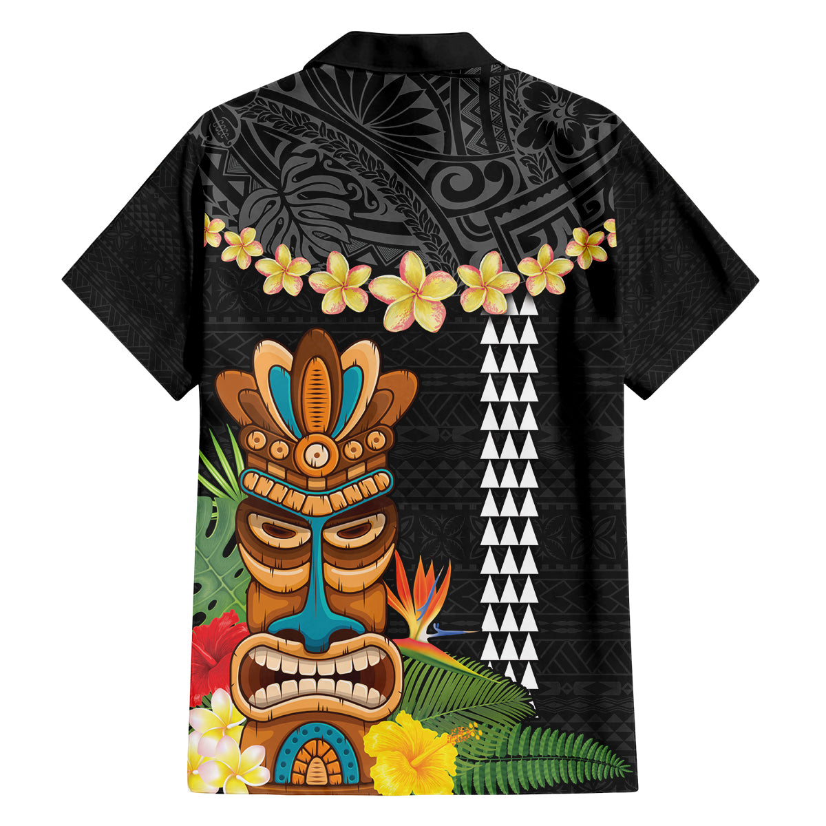 Hawaii Plumeria Lei Family Matching Off The Shoulder Long Sleeve Dress and Hawaiian Shirt Tiki and Kakau Pattern Black Color