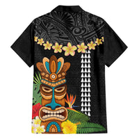 Hawaii Plumeria Lei Family Matching Off The Shoulder Long Sleeve Dress and Hawaiian Shirt Tiki and Kakau Pattern Black Color