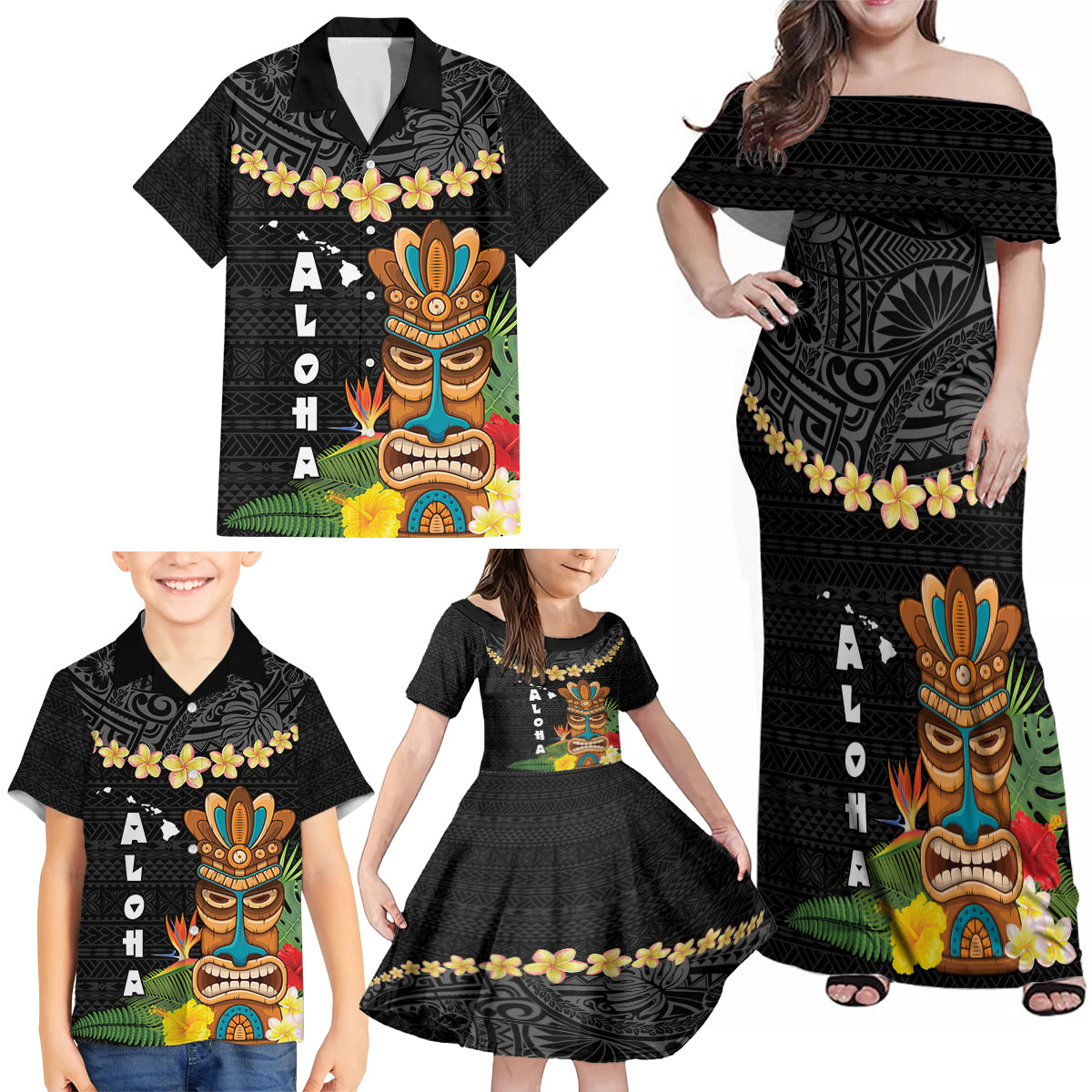 Hawaii Plumeria Lei Family Matching Off Shoulder Maxi Dress and Hawaiian Shirt Tiki and Kakau Pattern Black Color LT03 - Polynesian Pride