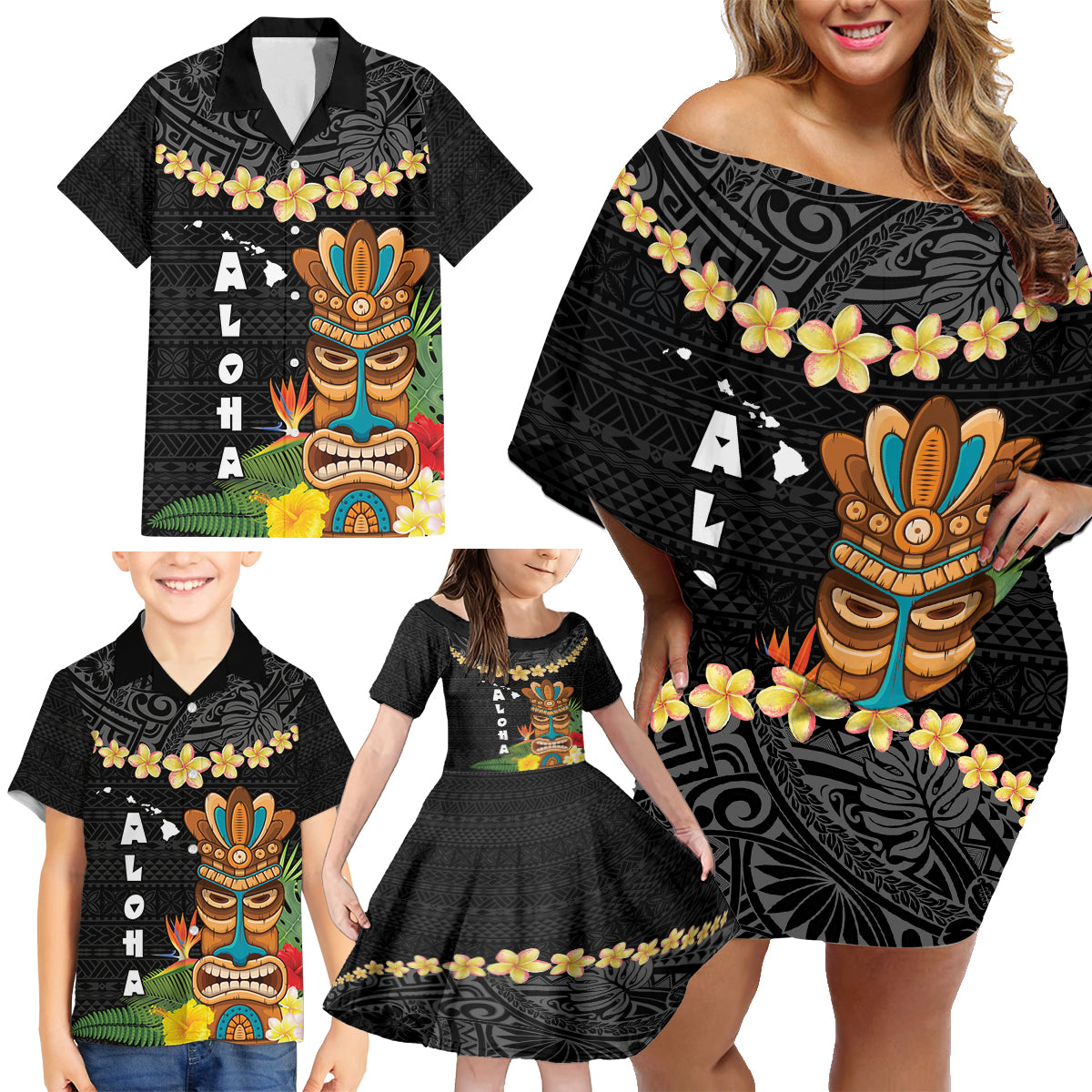 Hawaii Plumeria Lei Family Matching Off Shoulder Short Dress and Hawaiian Shirt Tiki and Kakau Pattern Black Color