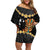 Hawaii Plumeria Lei Family Matching Off Shoulder Short Dress and Hawaiian Shirt Tiki and Kakau Pattern Black Color