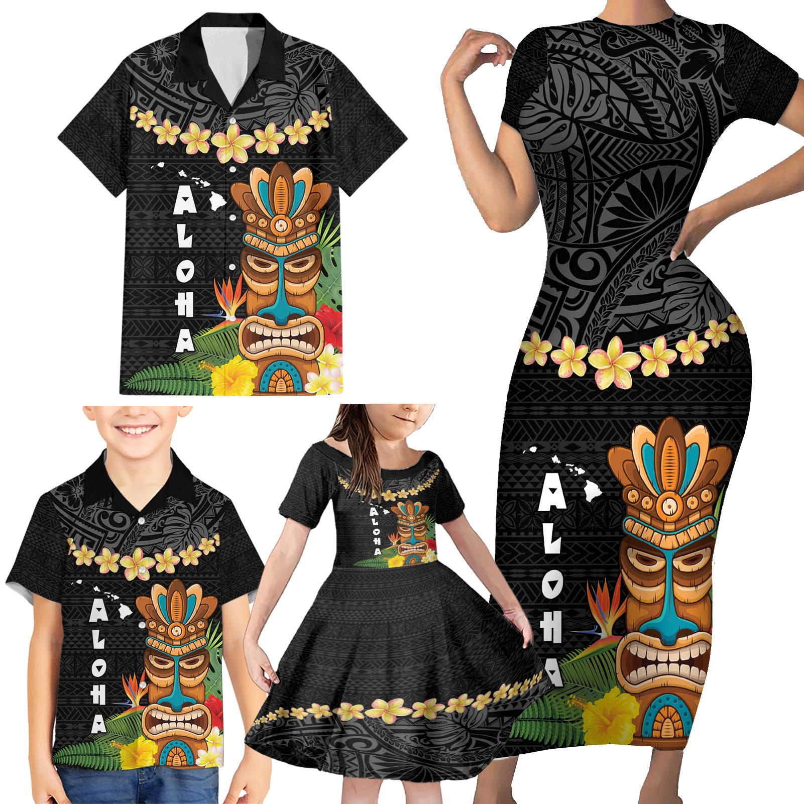 Hawaii Plumeria Lei Family Matching Short Sleeve Bodycon Dress and Hawaiian Shirt Tiki and Kakau Pattern Black Color