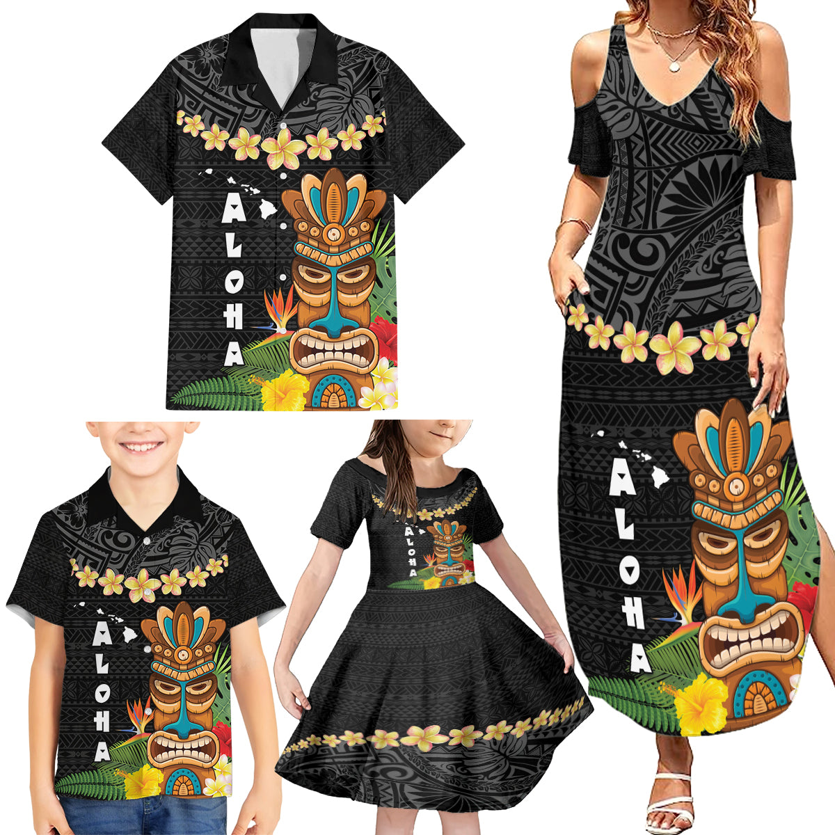 Hawaii Plumeria Lei Family Matching Summer Maxi Dress and Hawaiian Shirt Tiki and Kakau Pattern Black Color