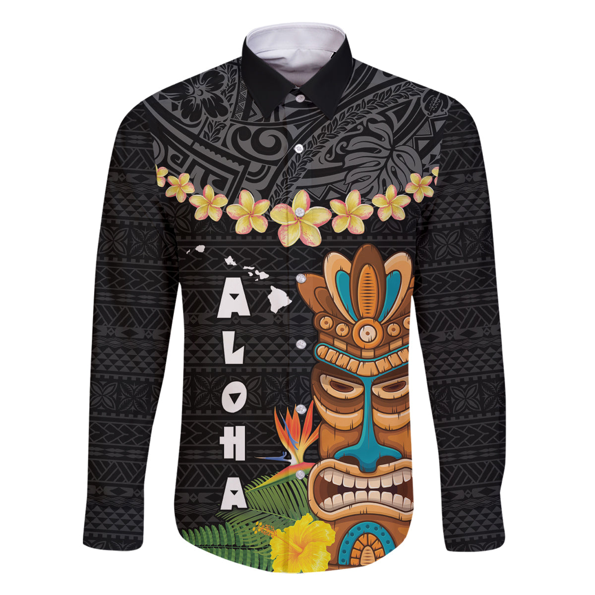 Hawaii Plumeria Lei Family Matching Tank Maxi Dress and Hawaiian Shirt Tiki and Kakau Pattern Black Color LT03 Dad's Shirt - Long Sleeve Black - Polynesian Pride