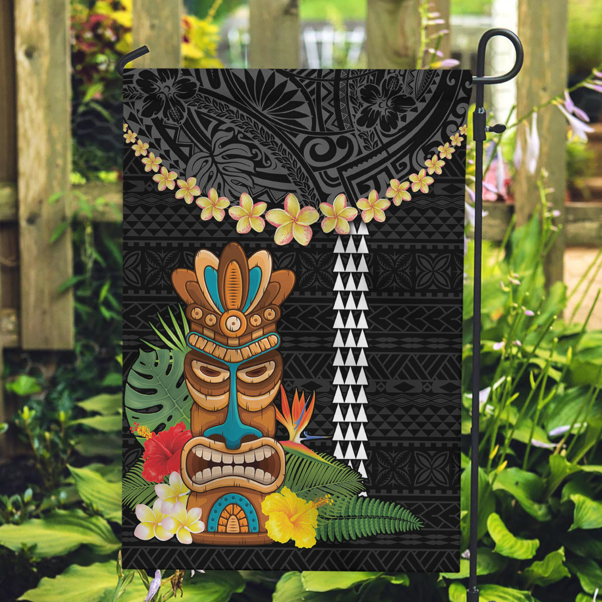 Hawaii Plumeria Lei Garden Flag Tiki and Kakau Pattern Black Color LT03 Garden Flag Black - Polynesian Pride